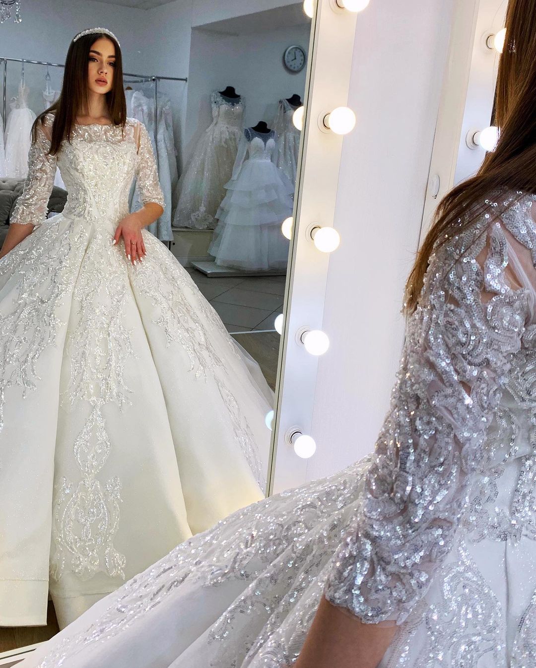 Half Sleeves Applqiues Ball Gown Wedding Dress - Fashionpara