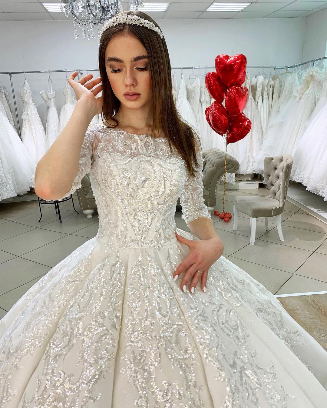 Half Sleeves Applqiues Ball Gown Wedding Dress - Fashionpara