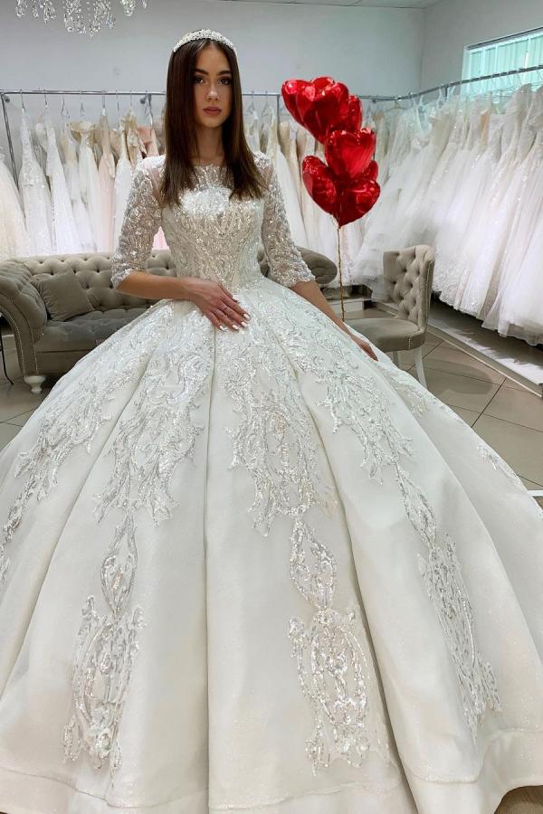 Half Sleeves Applqiues Ball Gown Wedding Dress - Fashionpara