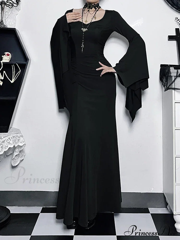 Halloween Sheath Witch Vintage Batwing Sleeve V Neck Long Mermaid Formal Evening Dress