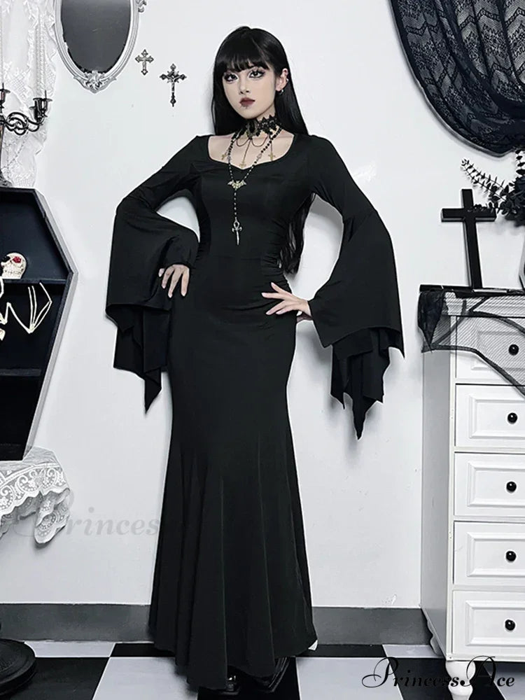 Halloween Sheath Witch Vintage Batwing Sleeve V Neck Long Mermaid Formal Evening Dress Black / S