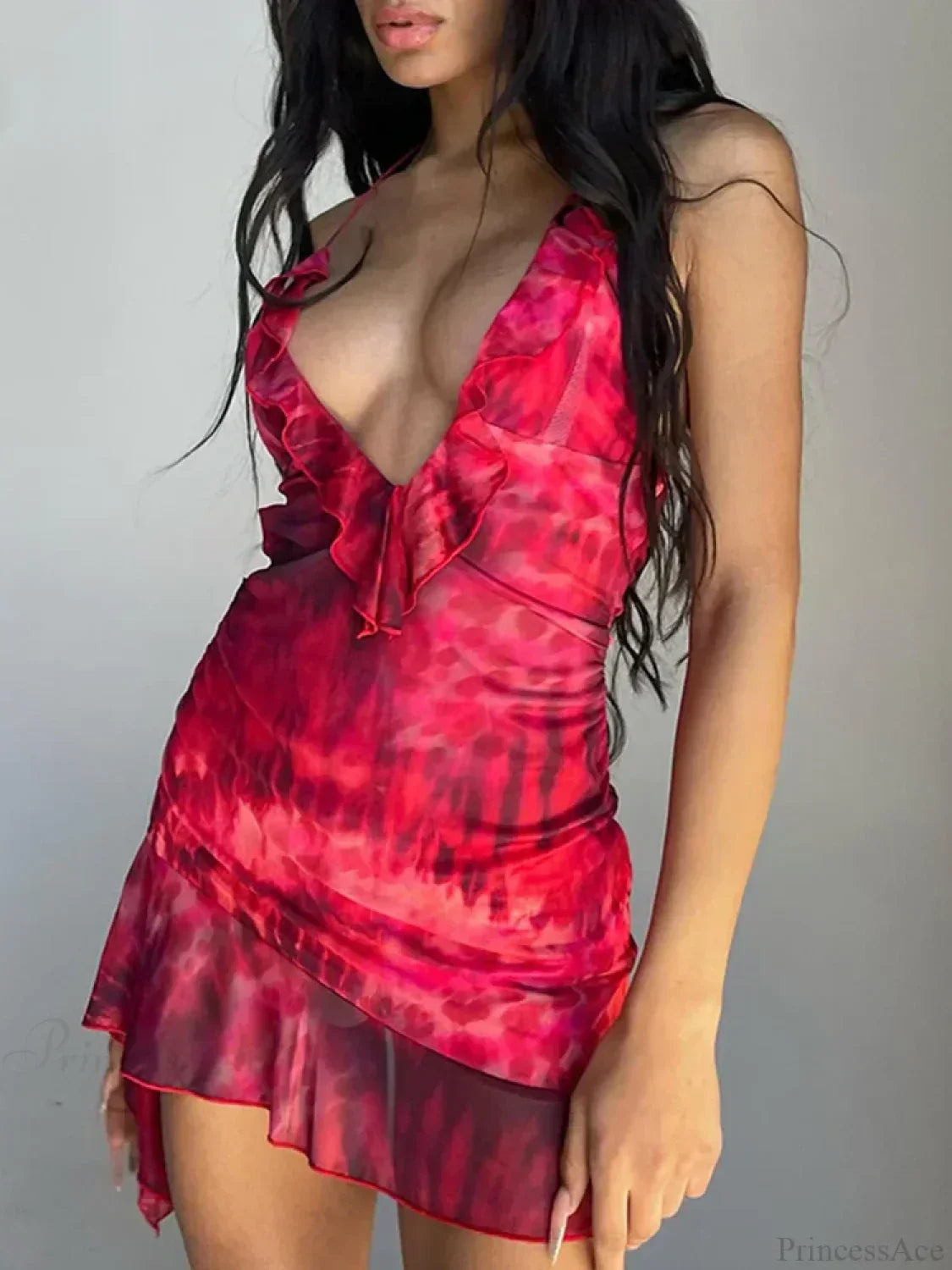 Tie Dye Mesh Halter Deep V-Neck Ruffle Mini Dress