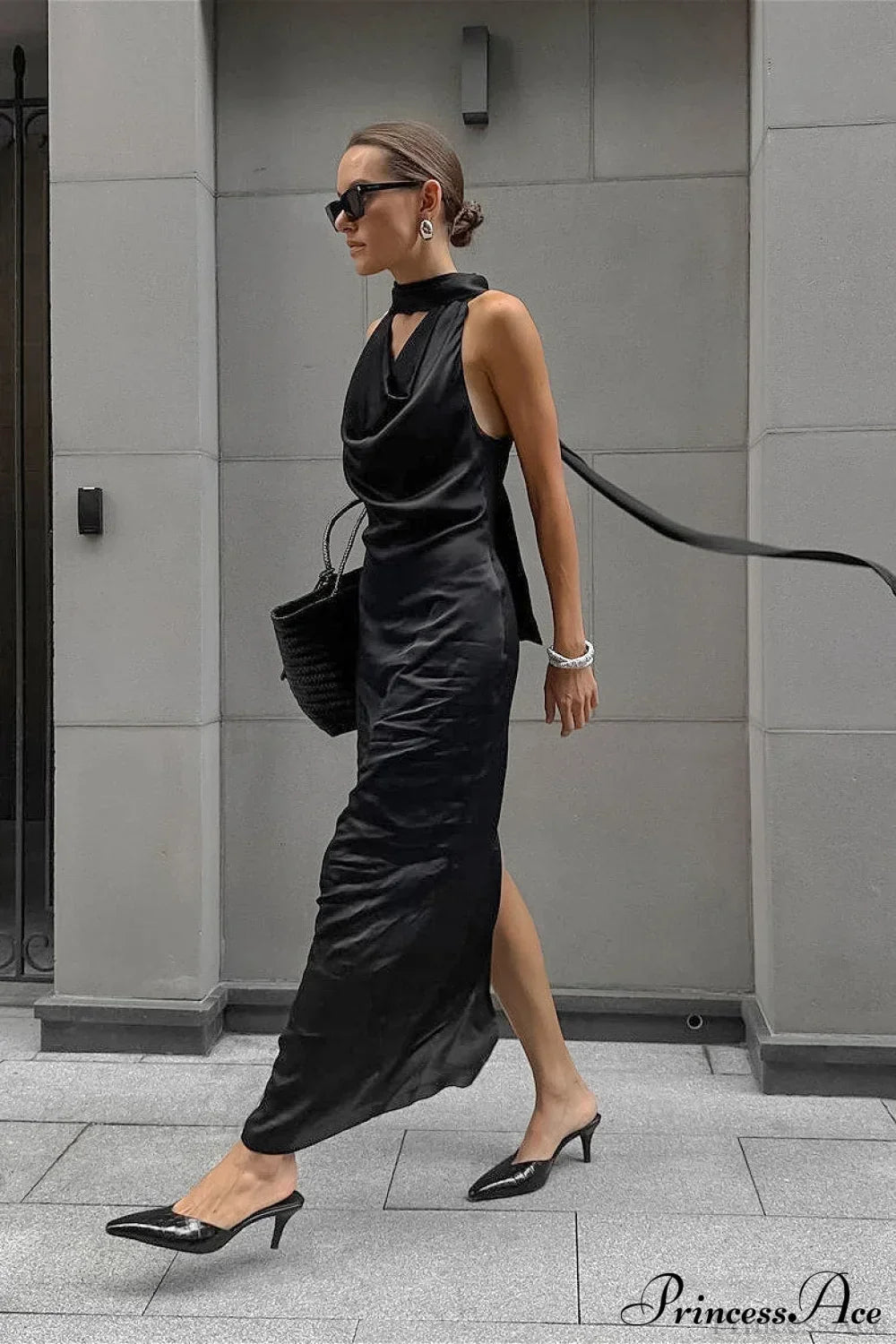 Satin Halter Neck Cowl Backless Maxi Dress