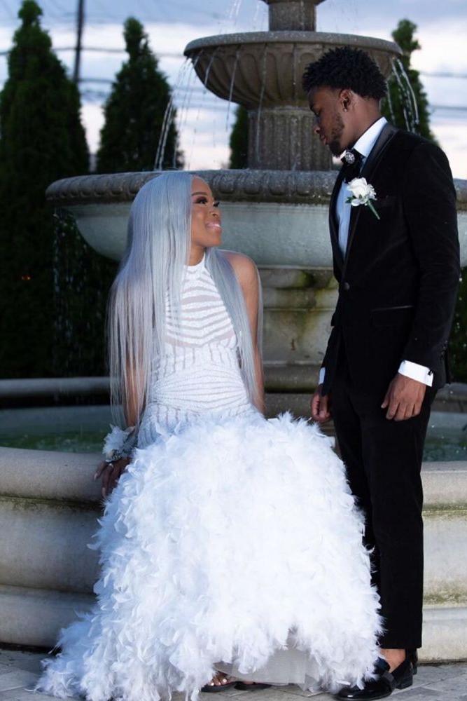 Halter Feather Fit and Flare Prom Dresses Alluring Open Back Sleeveless Evening Gowns