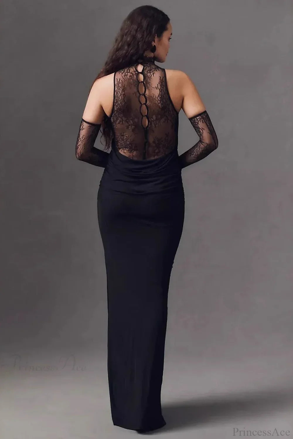 Lace High Neck Backless Draped Maxi Gown