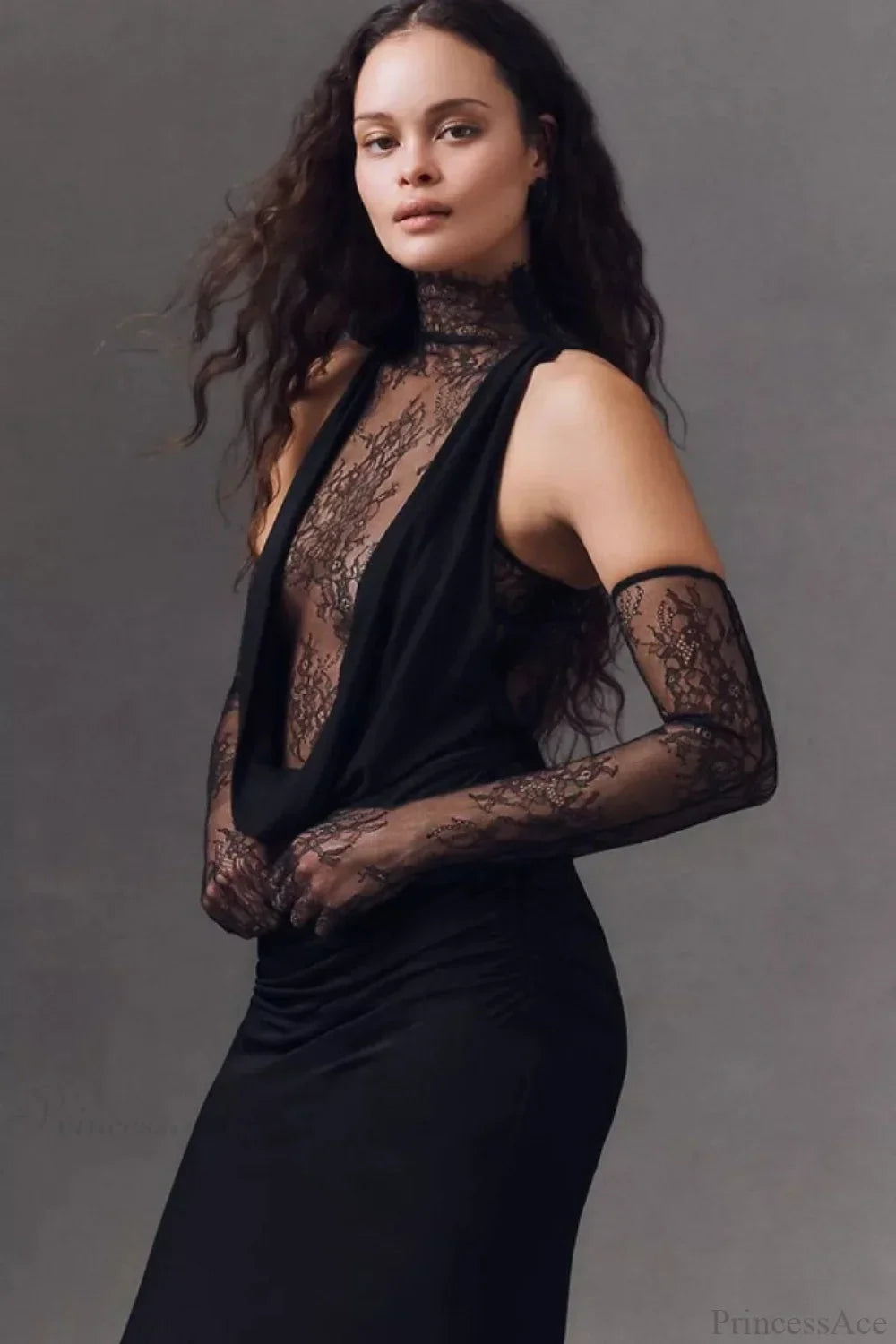 Lace High Neck Backless Draped Maxi Gown