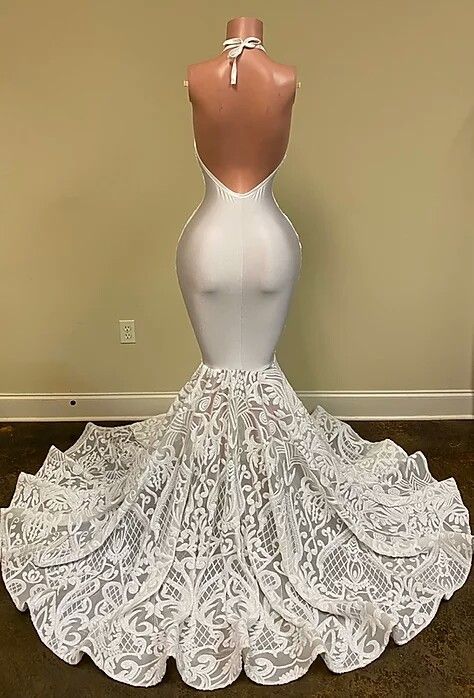 Halter Mermaid Prom Dress Long With Flowers Bottom - Fashionpara