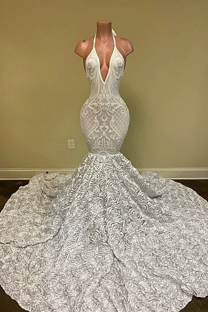Halter Mermaid Prom Dress Long With Flowers Bottom - Fashionpara