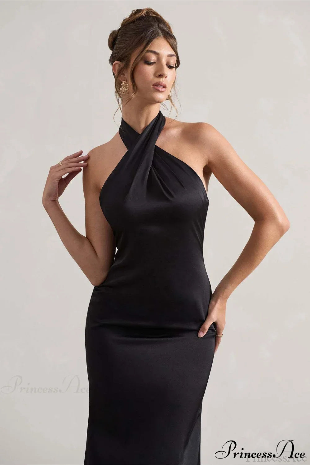 Satin Halter Neck Cross-Front Backless Mermaid Gown 3