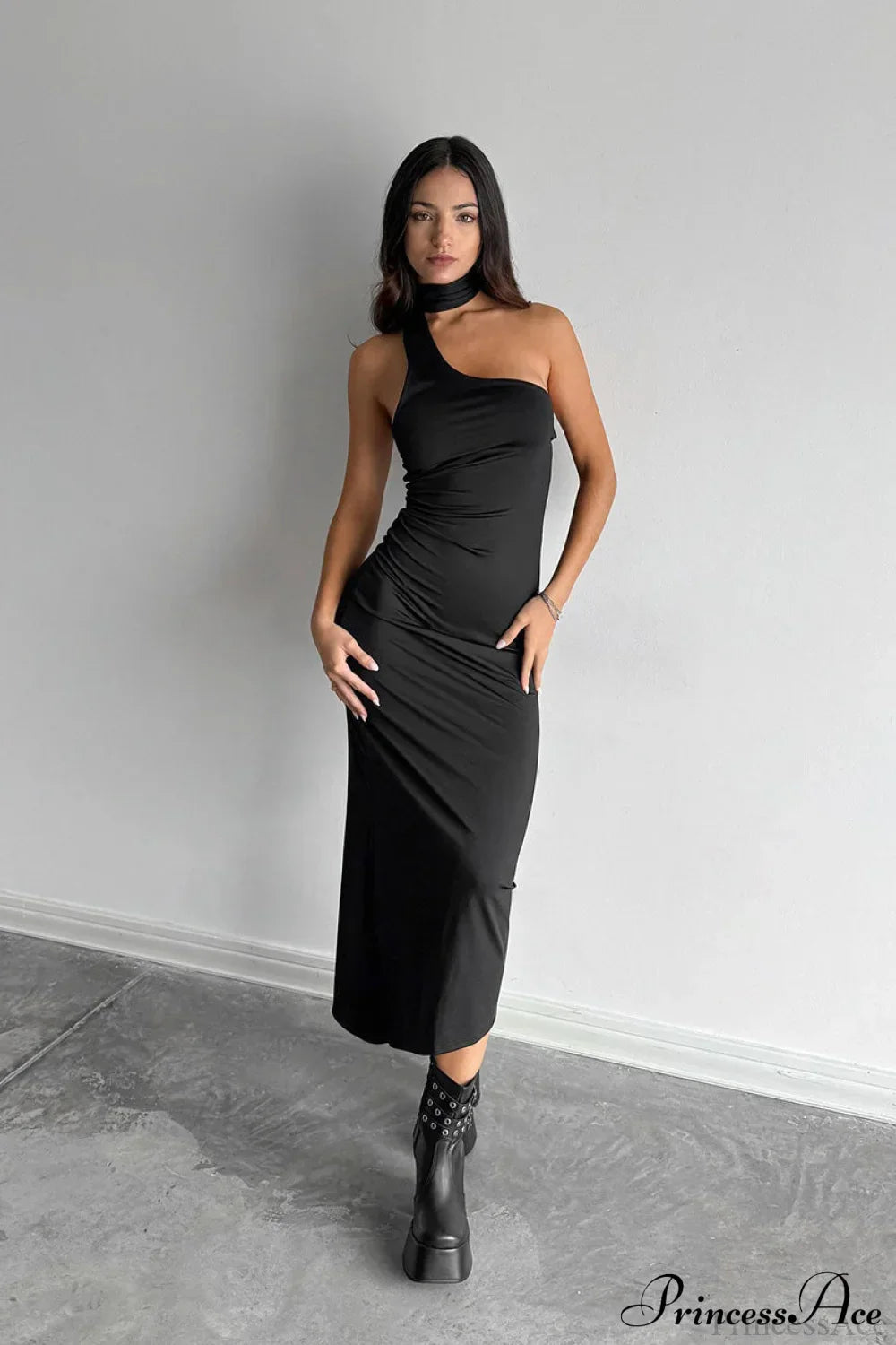 One Shoulder Ruched Bodycon Midi Dress