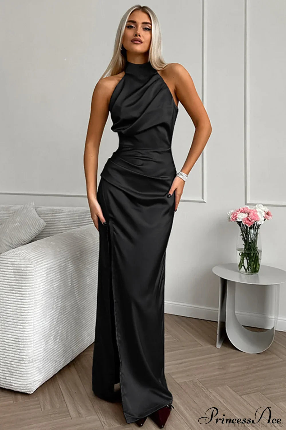 Halter Sleeveless Solid Split Chic Maxi Dress Black / S