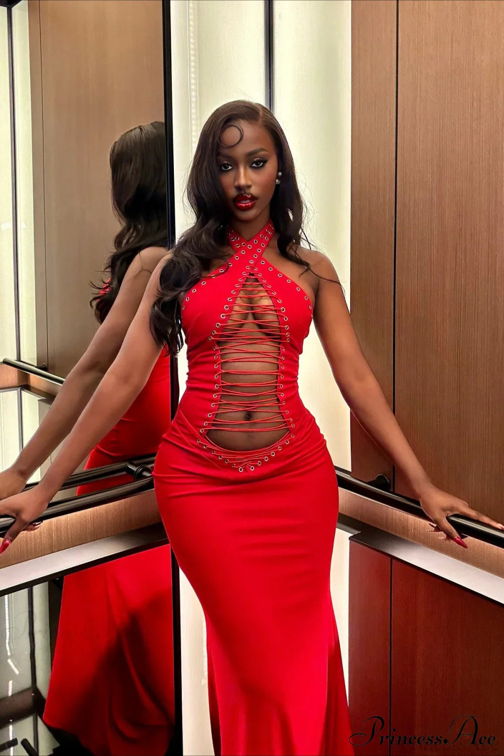 Halter Tie Sexy Bodycon Maxi Dress Red / S