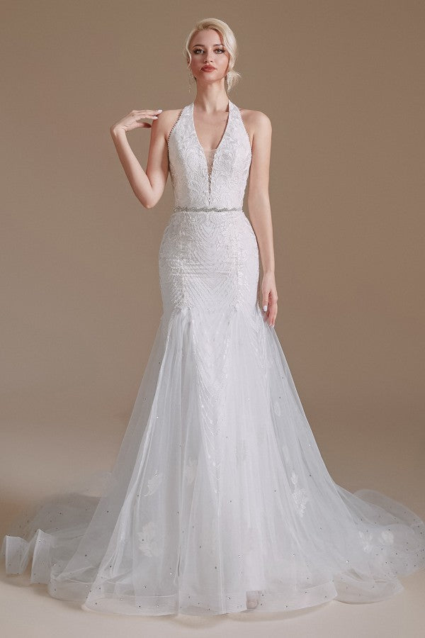 Halter V-Neck Mermaid Lace Wedding Dress Long On Sale - Fashionpara