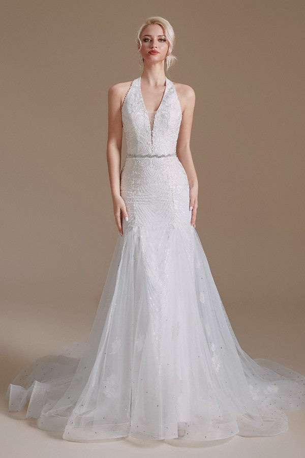 Halter V-Neck Mermaid Lace Wedding Dress Long On Sale - Fashionpara