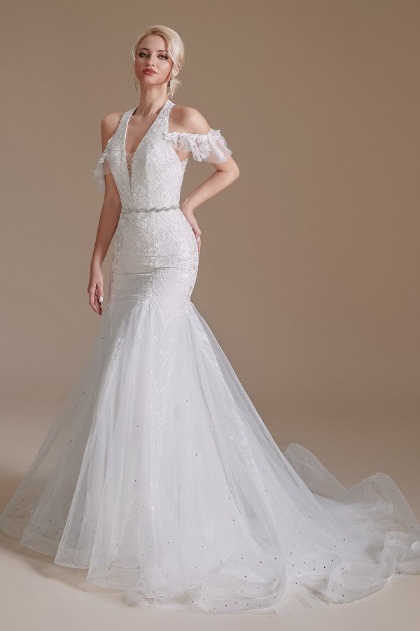 Halter V-Neck Mermaid Lace Wedding Dress Long On Sale - Fashionpara