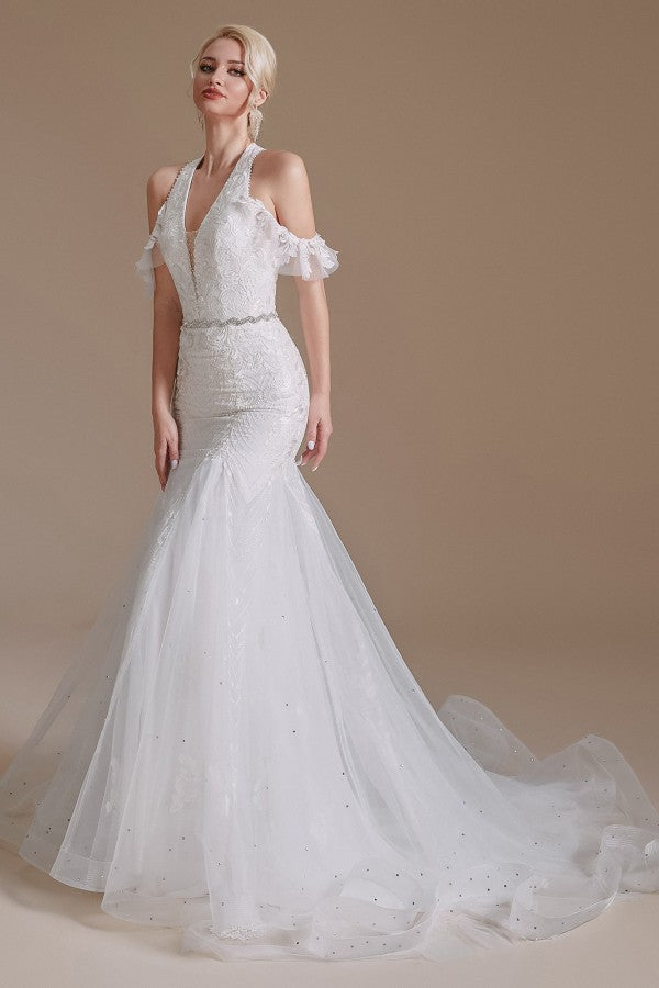 Halter V-Neck Mermaid Lace Wedding Dress Long On Sale - Fashionpara