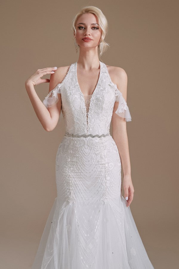 Halter V-Neck Mermaid Lace Wedding Dress Long On Sale - Fashionpara