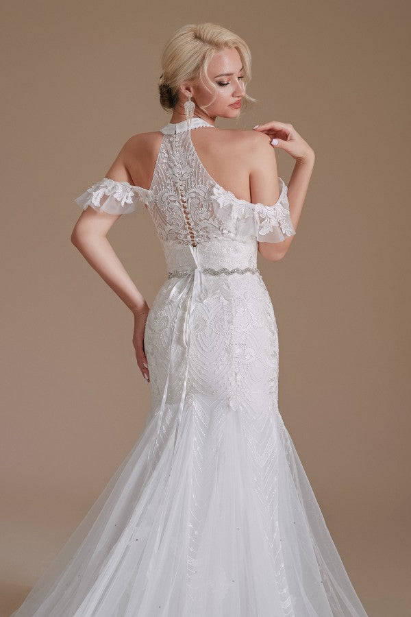 Halter V-Neck Mermaid Lace Wedding Dress Long On Sale - Fashionpara