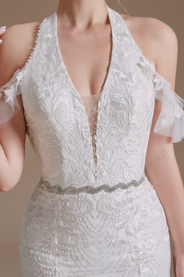Halter V-Neck Mermaid Lace Wedding Dress Long On Sale - Fashionpara