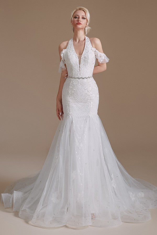 Halter V-Neck Mermaid Lace Wedding Dress Long On Sale - Fashionpara