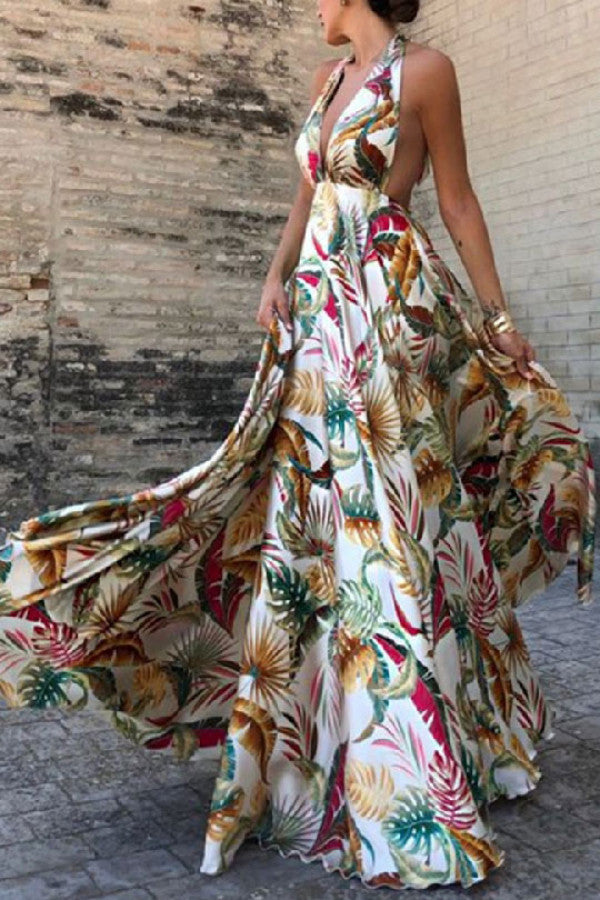 Sleeveless Halter Printed Maxi Dress - Mislish
