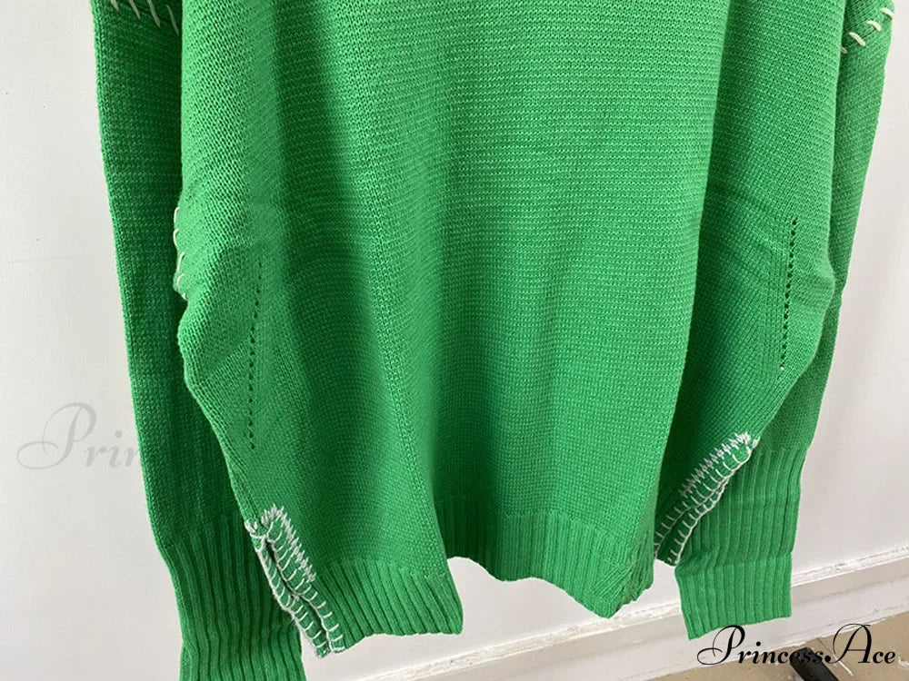 Hand-Woven Loose O-Neck Slit Hem Green Autumn Winter Christmas Sweater
