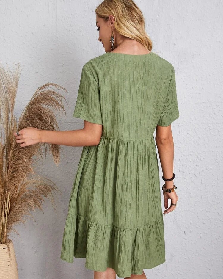 V-Neck Lace Trim Crinkle Texture Short Sleeve Mini Dress - View 12
