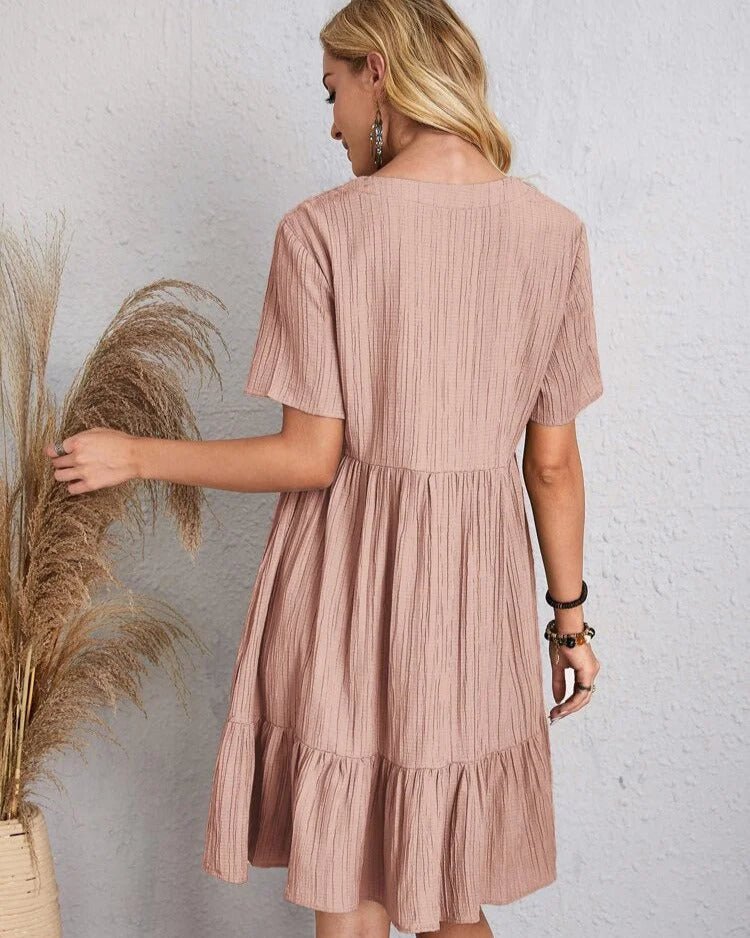 V-Neck Lace Trim Crinkle Texture Short Sleeve Mini Dress - View 19
