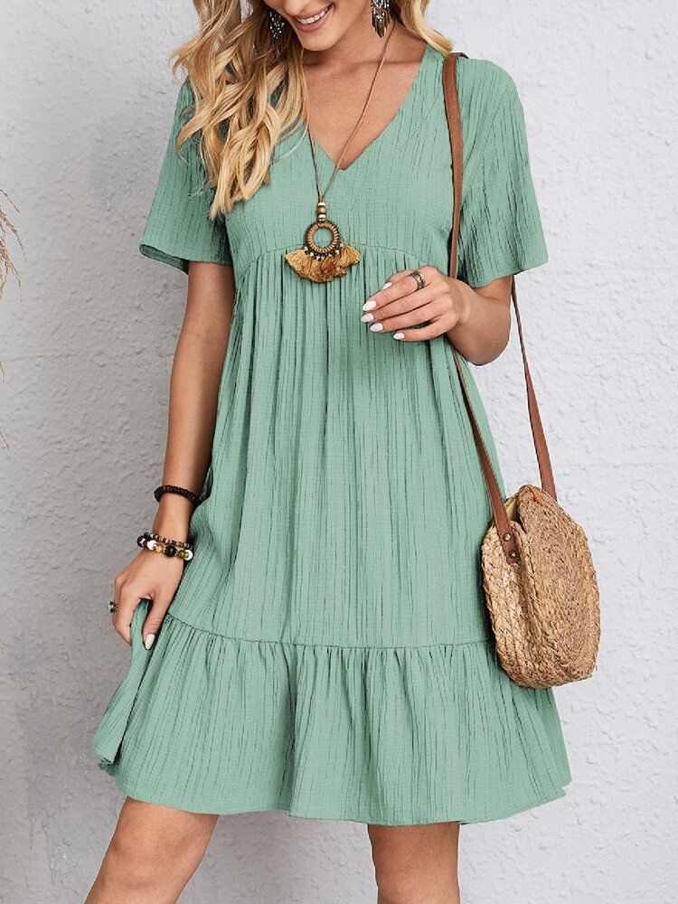 V-Neck Lace Trim Crinkle Texture Short Sleeve Mini Dress - View 6