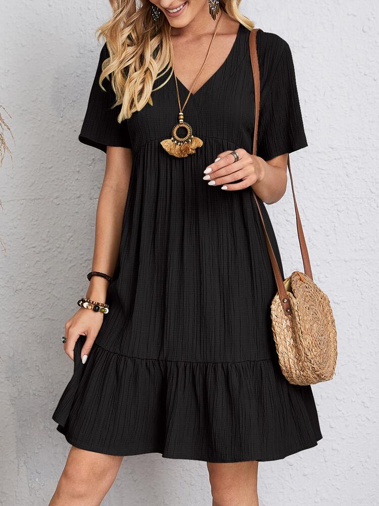 V-Neck Lace Trim Crinkle Texture Short Sleeve Mini Dress