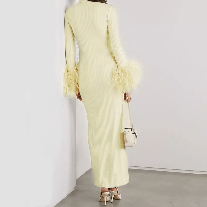 Ribbed Feather Cuff Long Sleeve Bodycon Maxi Dress