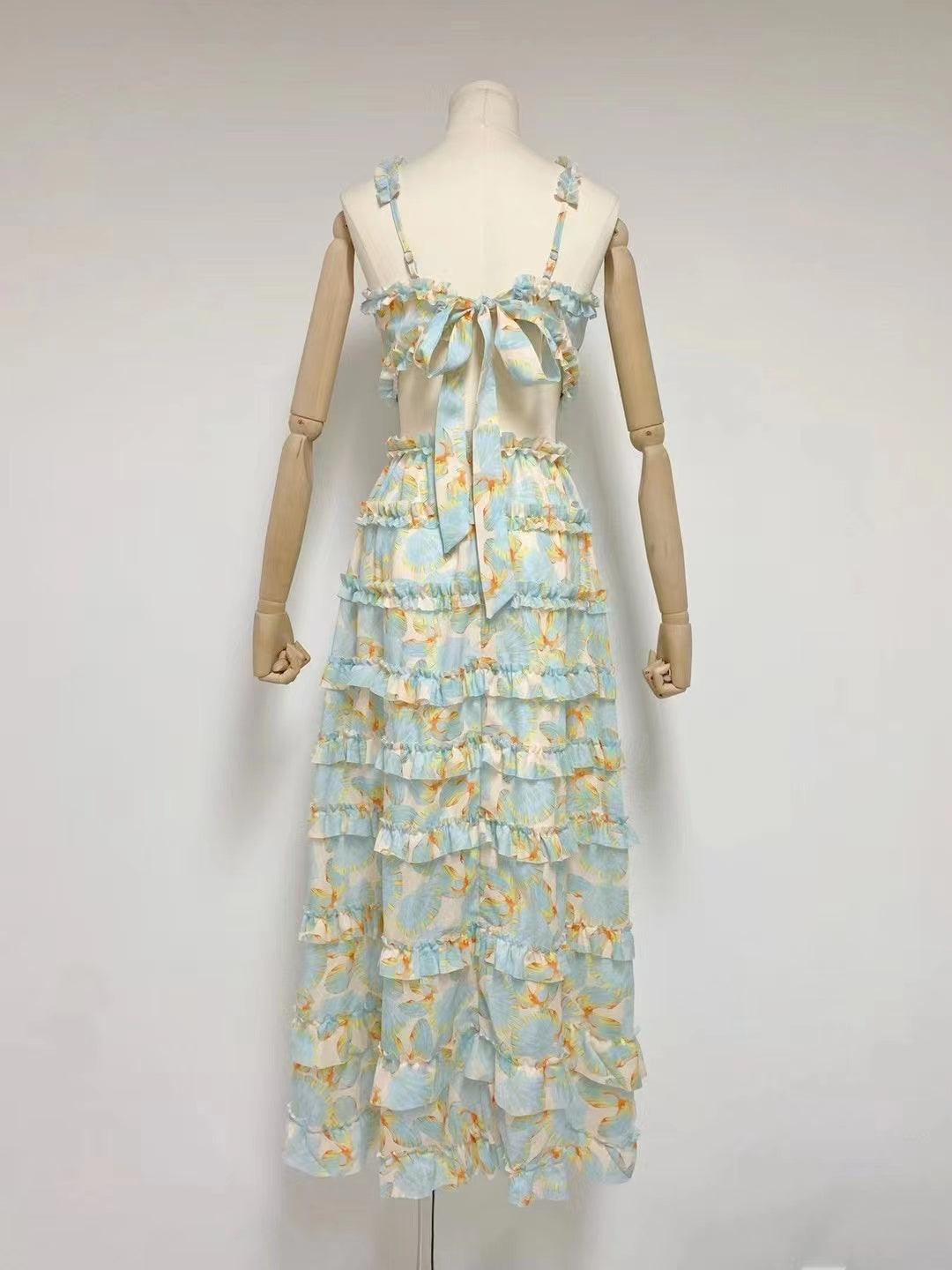 Floral Print Cut Out Tiered Ruffle Maxi Dress