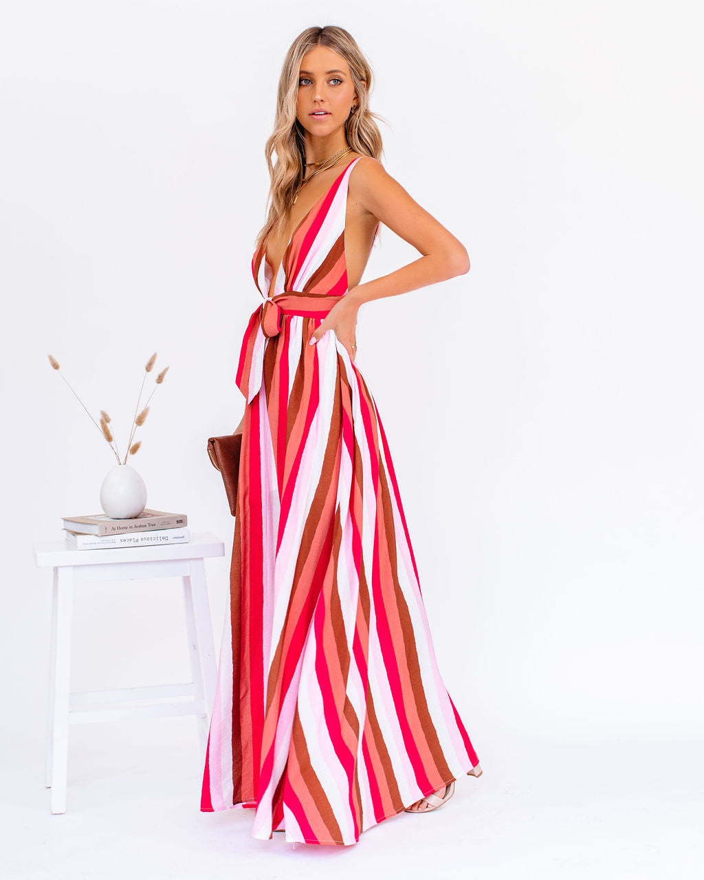 Striped Plunge V-Neck Sleeveless Wide Leg Jumpsuit
