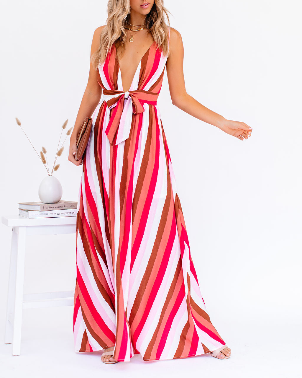 Striped Plunge V-Neck Sleeveless Wide Leg Jumpsuit