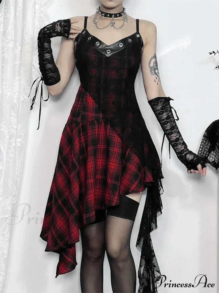 Harajuku Gothic Plaid Y2K 2000s Lace Patchwork Spaghetti Strap Streetwear V-Neck Gothic Dress