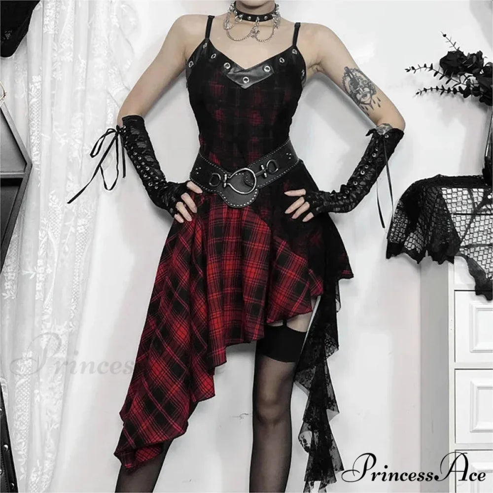 Plaid Grommet Spaghetti Strap Asymmetric Hem Dress