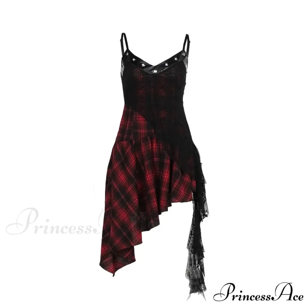 Plaid Grommet Spaghetti Strap Asymmetric Hem Dress 5