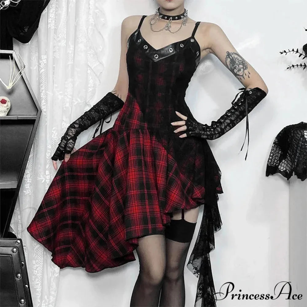 Plaid Grommet Spaghetti Strap Asymmetric Hem Dress 3