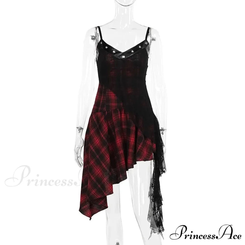 Plaid Grommet Spaghetti Strap Asymmetric Hem Dress 6