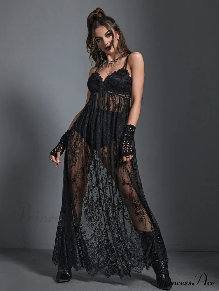Harajuku Lace Sexy Mesh Black Vintage Transparent See Through Spaghetti Strap Dress