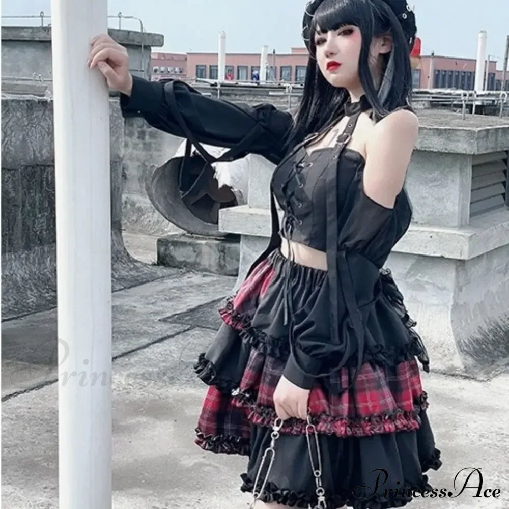 Harajuku Dark A-line Petticoat Skirt with Red Plaid Detail