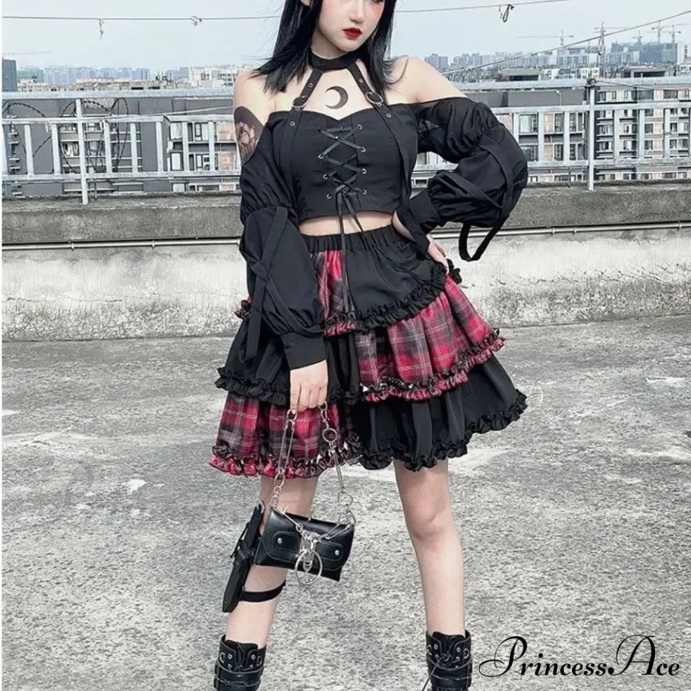 Harajuku Dark A-line Petticoat Skirt with Red Plaid Detail