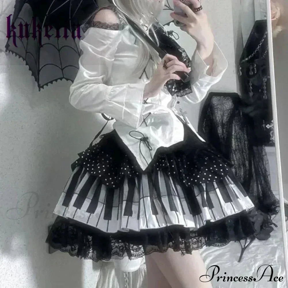 Harajuku Y2k Piano Key Wave Dot Lace Japanese Gothic Lolita Kawaii Cake Fairy Grunge Y2k Skirt