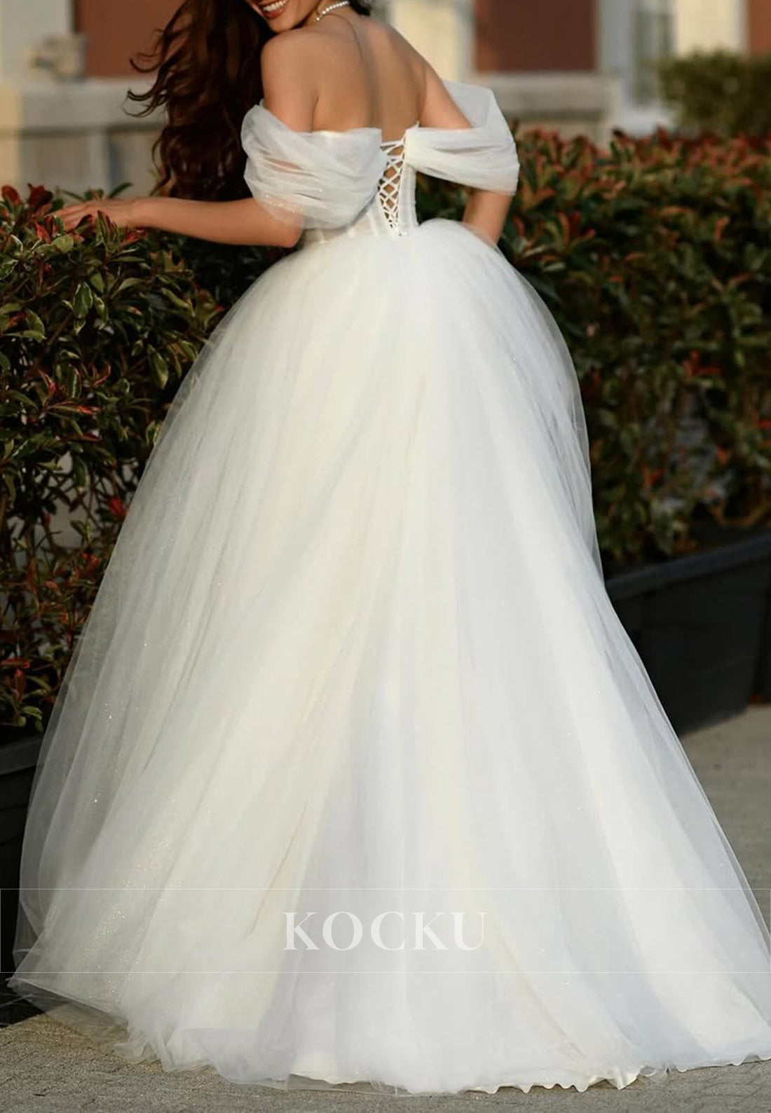 Off - Shoulder Tulle Ball Gown Wedding Dress with Sheer Bodice & Lace - Up Back