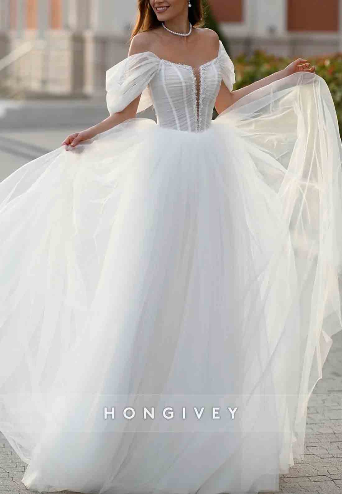 Low Back Off the Shoulder Tulle Floor-Length Princess Wedding Dresses