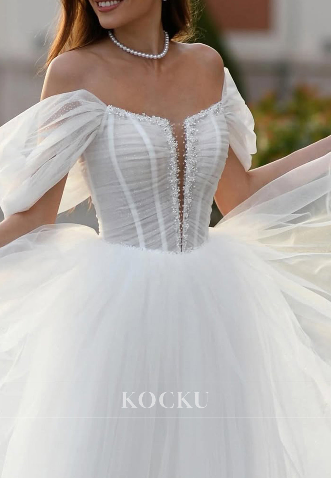 Off - Shoulder Tulle Ball Gown Wedding Dress with Sheer Bodice & Lace - Up Back