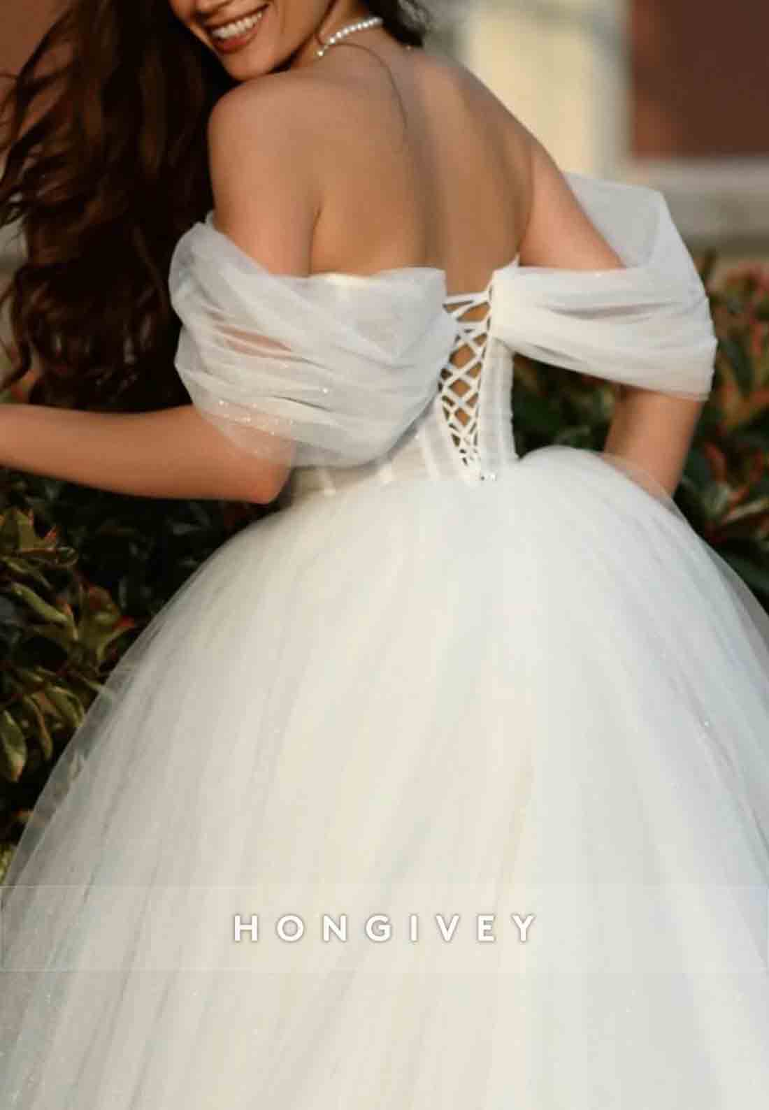 Low Back Off the Shoulder Tulle Floor-Length Princess Wedding Dresses