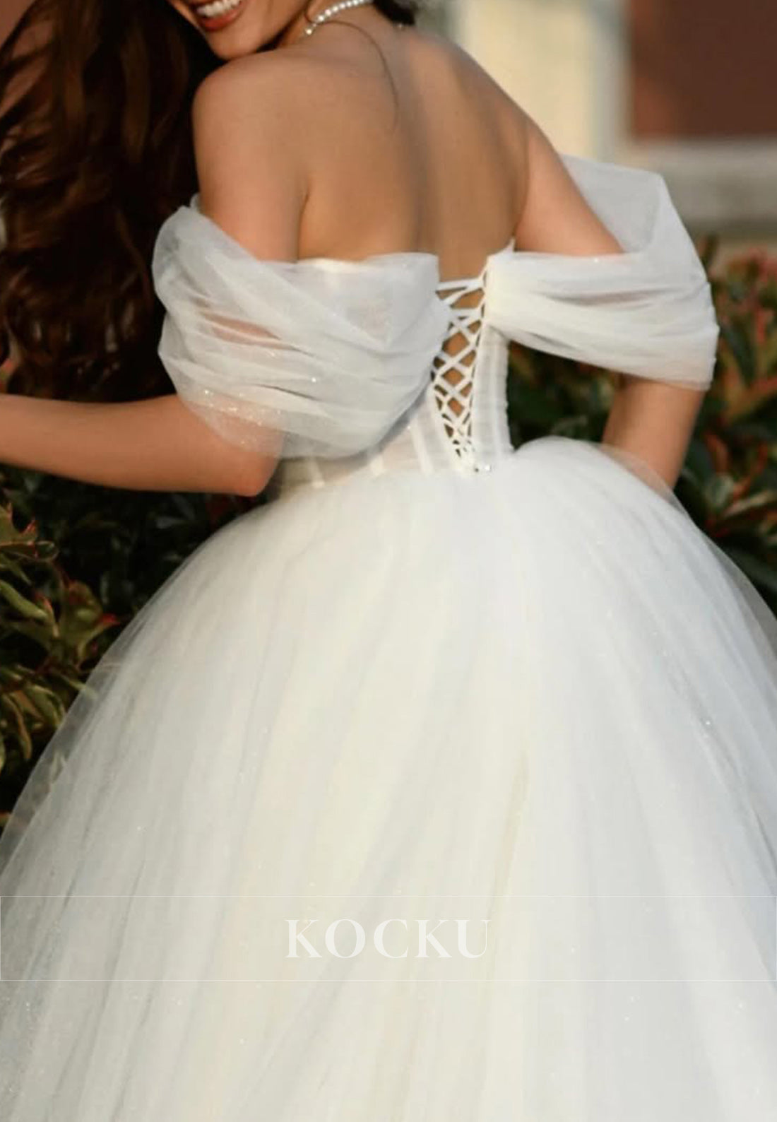 Off - Shoulder Tulle Ball Gown Wedding Dress with Sheer Bodice & Lace - Up Back