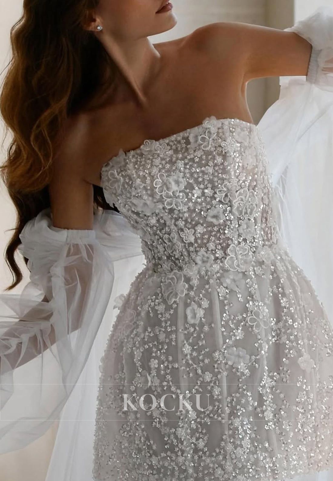 Strapless Sequin Mini Wedding Dress with Detachable Tulle Shawl Sleeves