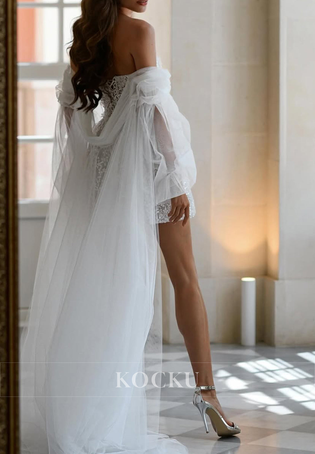 Strapless Sequin Mini Wedding Dress with Detachable Tulle Shawl Sleeves